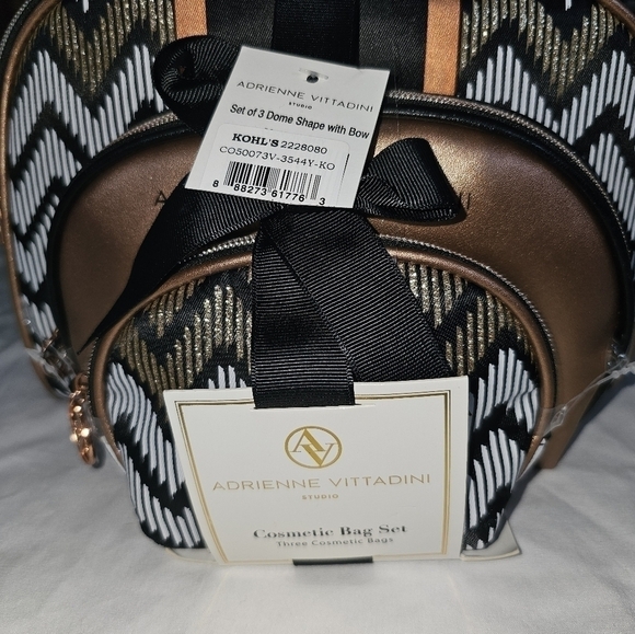 NWT Adrienne Vittadini 3Pc Cosmetic Bag Set Bronze Striped - Picture 2 of 4